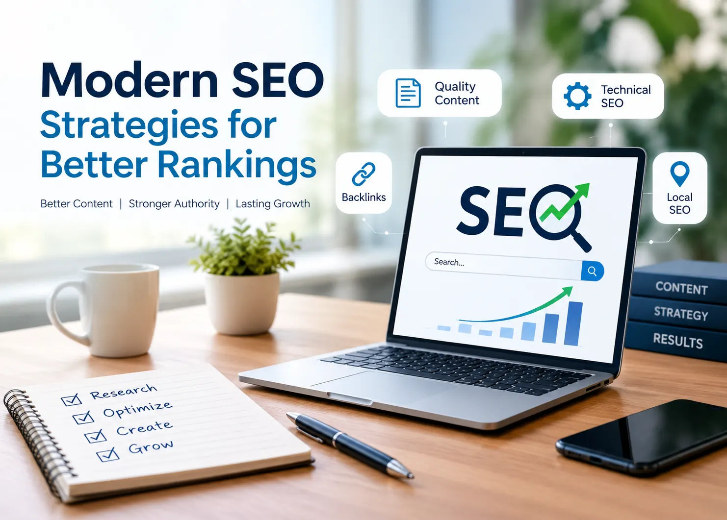 SEO strategy concept showing a business website evolving from outdated keyword stuffing and low-quality backlinks toward modern search optimization, with visual elements representing quality content, technical site health, local SEO, relevant backlinks, analytics, organic rankings, and long-term growth.